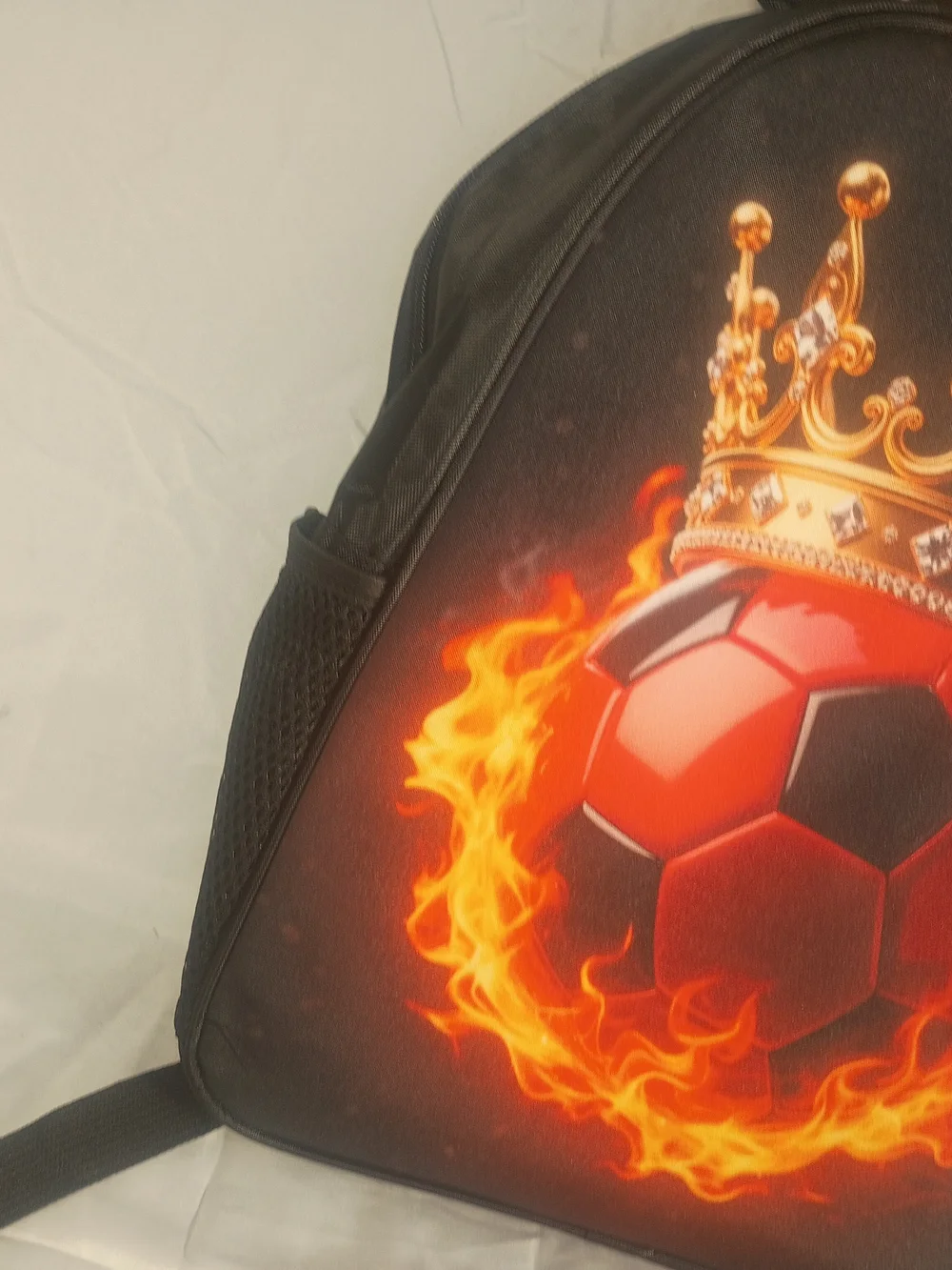 Kids Black Backpack with Red Flame Soccer Design